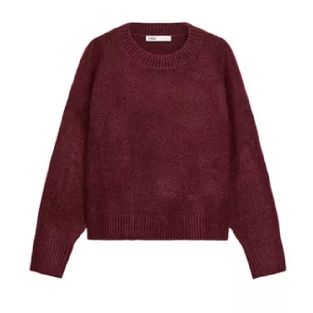 NWT Zara Burgundy Soft Knit Jumper Crew Round Neck Relaxed Sweater Womens XL